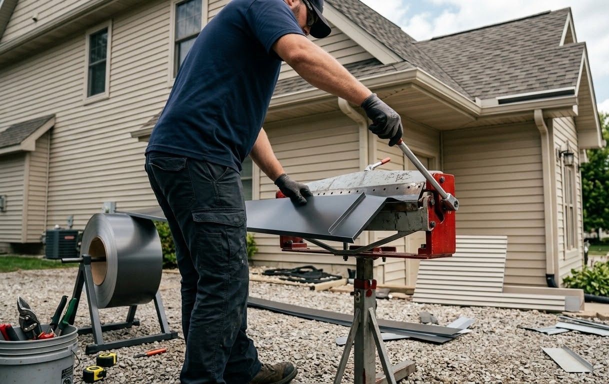 Hands holding a paint sprayer and painting the underside of a roof eave
