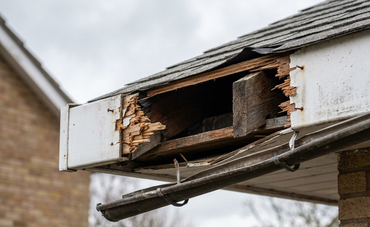 Damaged house gutter with a large hole and exposed wood