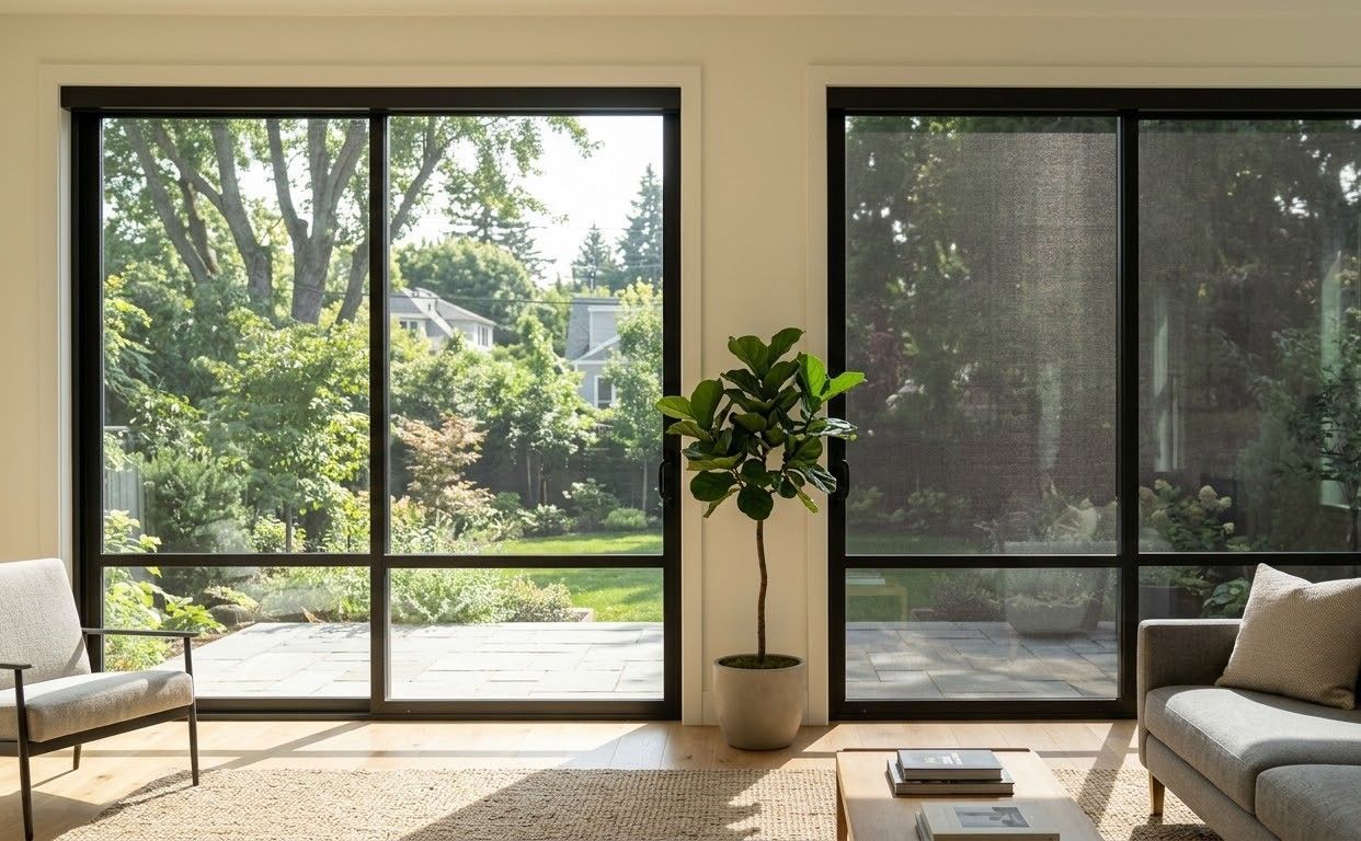 Two woven cloth squares, light and dark, clipped to a window against an outdoor view.
