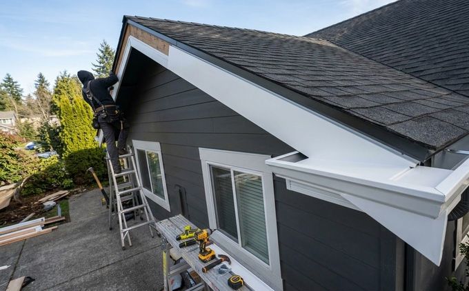 Person painting an exterior fascia board with a spray gun under a roof edge