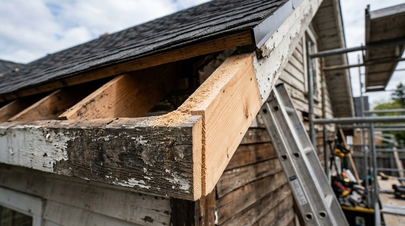 Damaged roof corner with rotting wood and peeling paint on a house, ladder leaning nearby