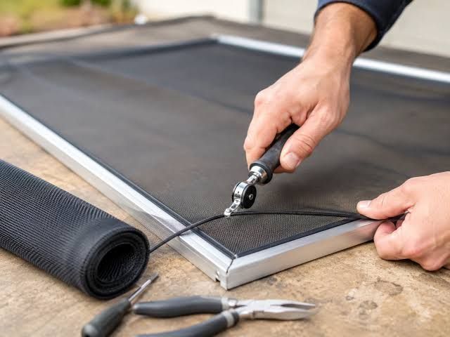 Hands installing a black window screen frame with pliers on a workbench