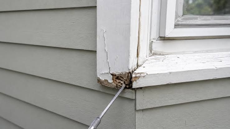 Scraper removing paint from rotten wood trim at an exterior window corner