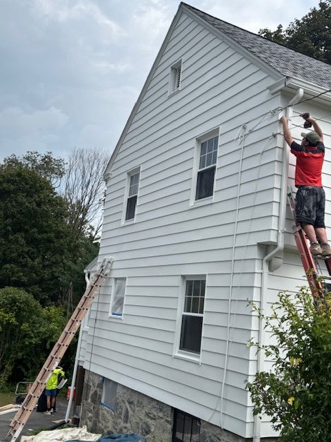 Workers painting a white house. One on a ladder near the gutter, another at the bottom, trees in the background.