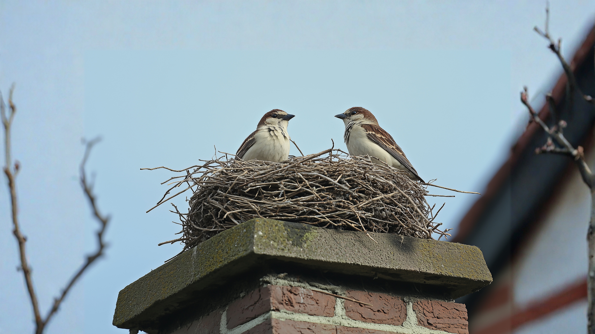 Two sparrows perched on a twig nest atop a brick chimney against a blue sky.