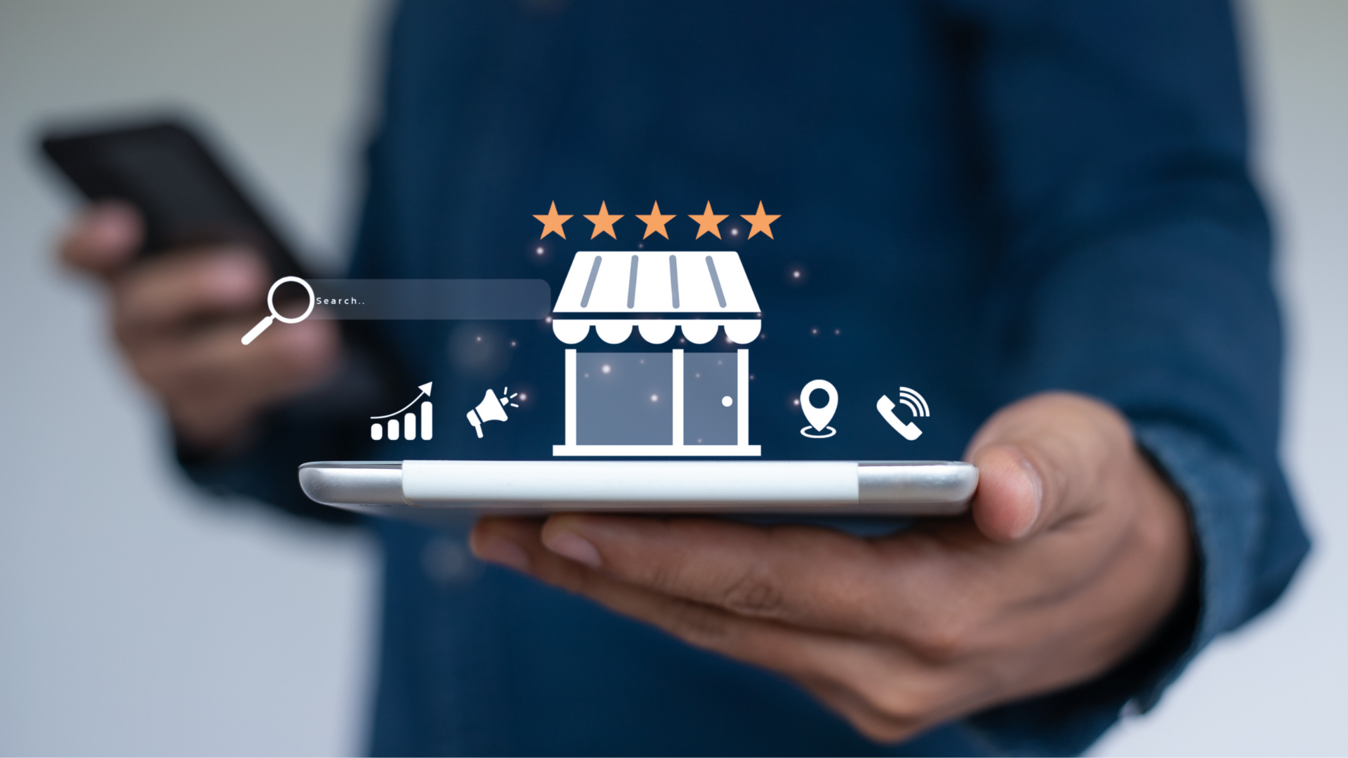 Hand holding a smartphone and tablet with a storefront, star rating, and review icons overlayed