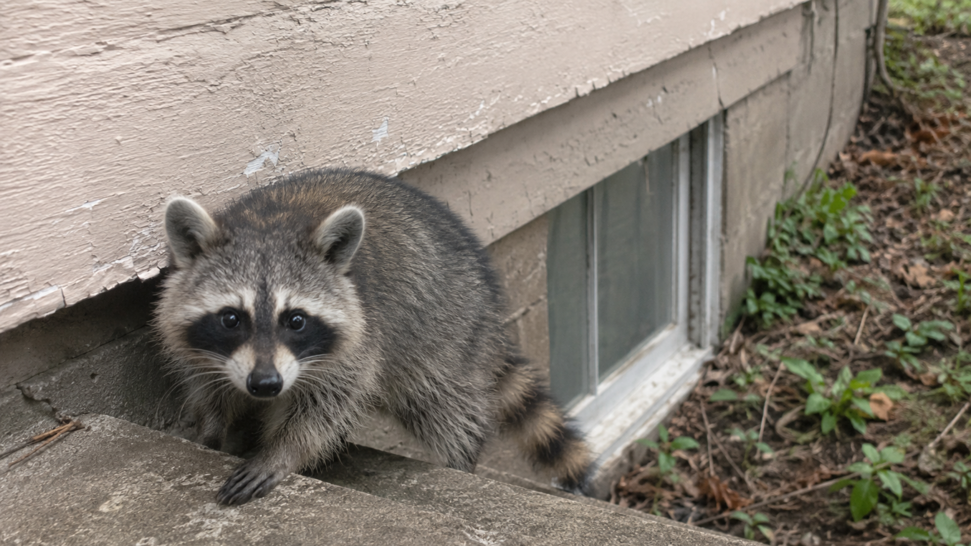 Raccoon on a concrete ledge beside a house window, looking toward the camera.