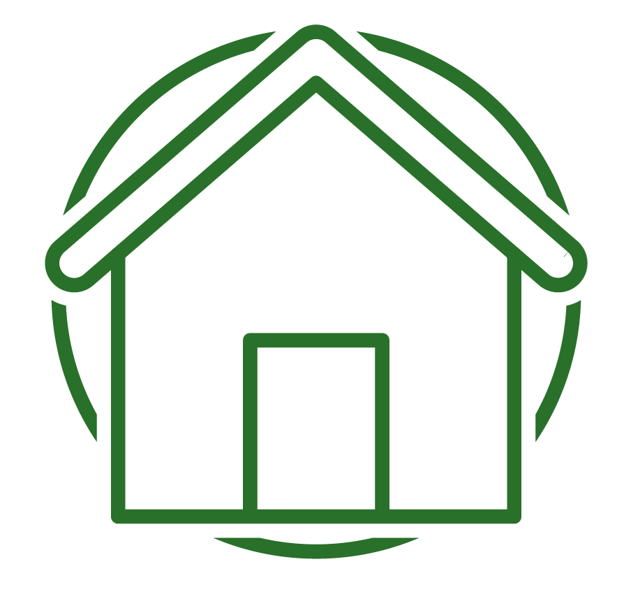 A green line drawing of a house in a circle.
