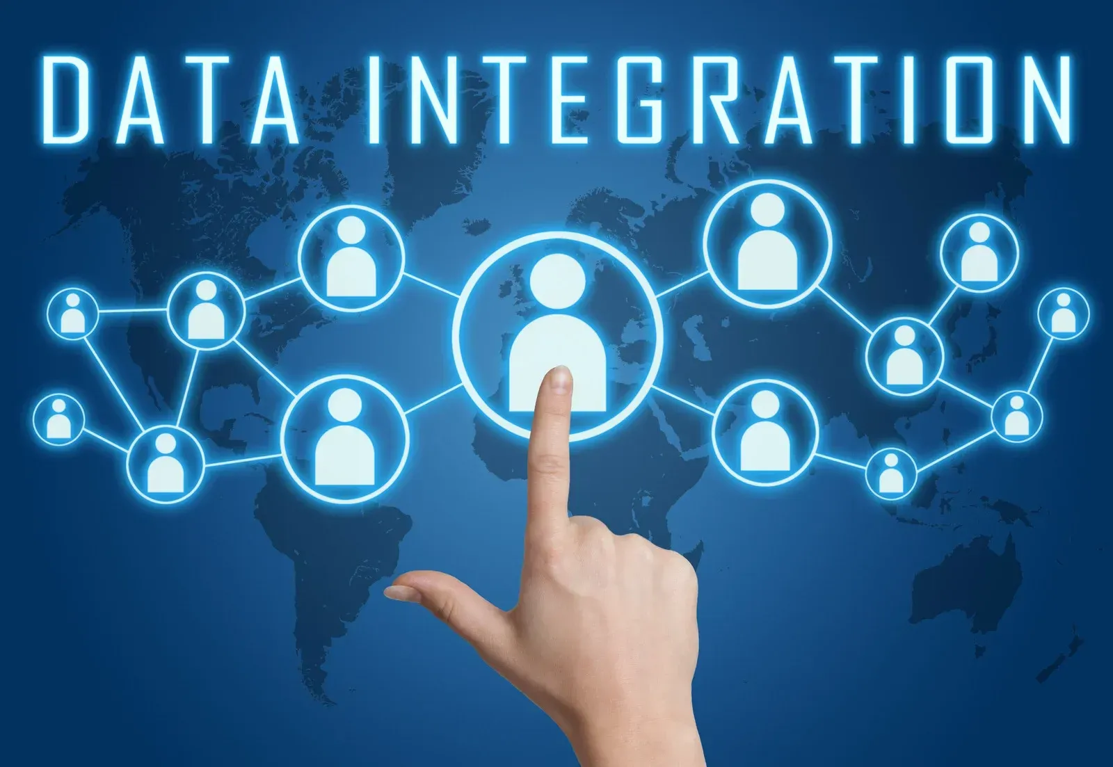 Data integration network with connected user icons and a hand touching a central profile icon