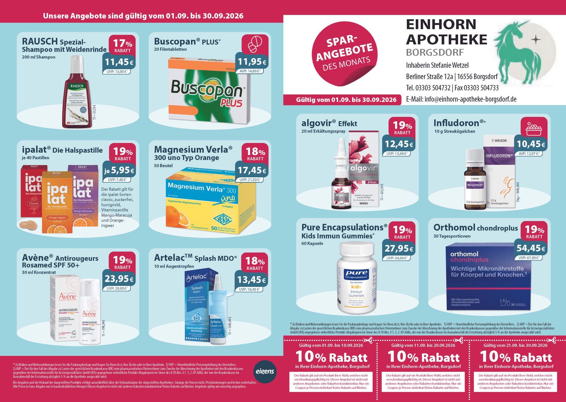 Ein Flyer für die Einhorn-Apotheke mit einem Einhorn darauf