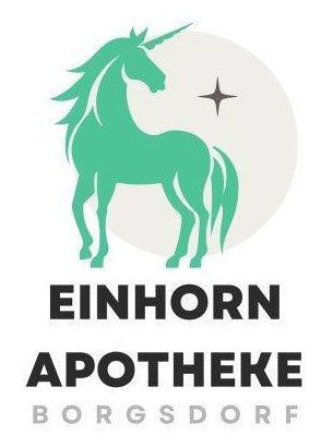 Ein Logo für die Einhorn Apotheke Borgsdorf mit einem Einhorn und einem Stern.