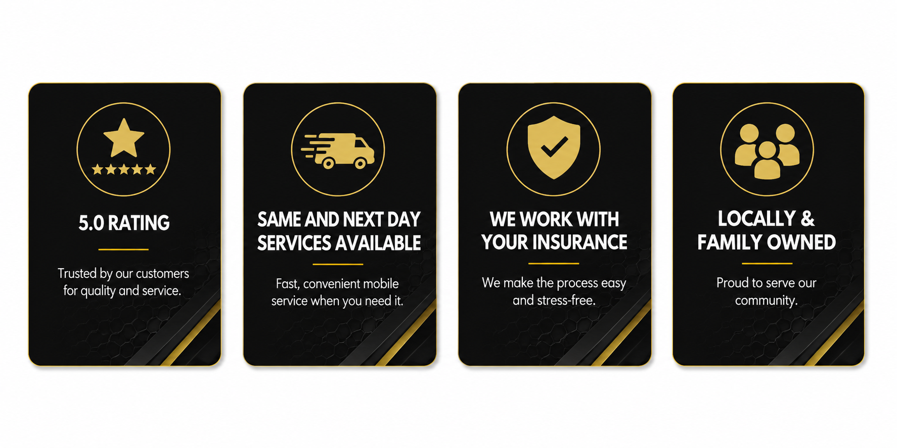 Four black-and-gold service badges: 50 years, same-day window service, insurance protection, locally family owned.