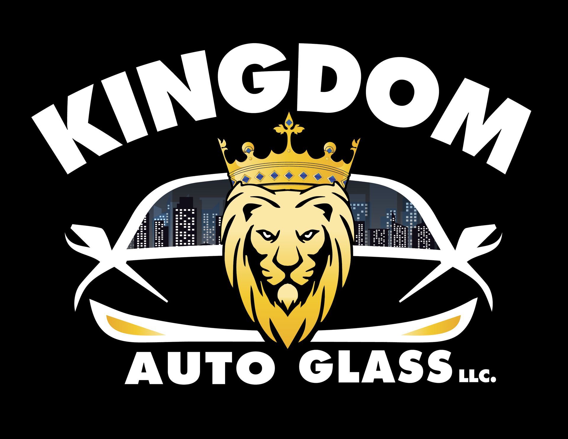 Kingdom Auto Glass LLC logo with crowned lion over a car windshield