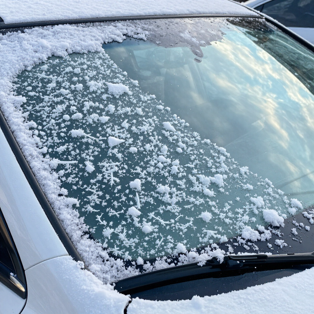 A mobile auto glass technician replacing a windshield cracked by winter thermal shock