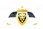 Gold lion logo with crown on a white background, flanked by dark blue vehicle-like shapes