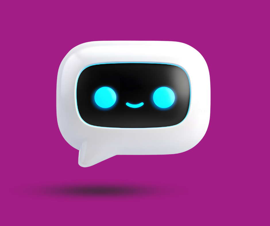 Cute white chatbot with a black face and glowing blue eyes. Smiling on a purple background.