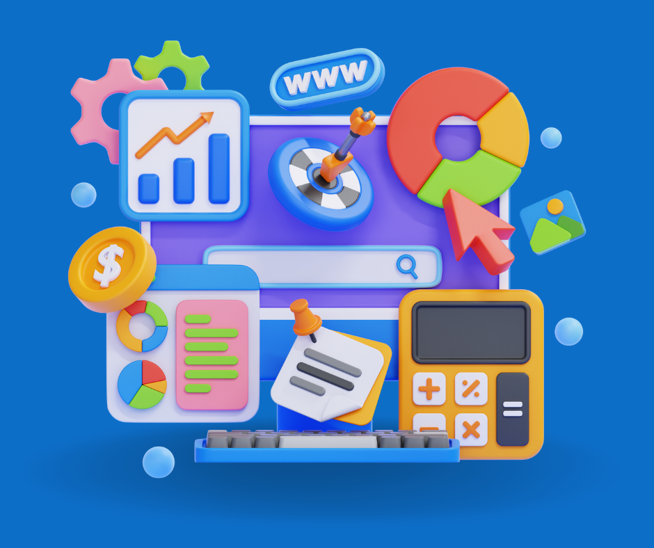 3D illustration of a website interface with charts, calculator, target, and other business and finance icons.