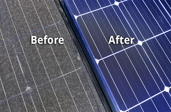 Person cleaning solar panels with a red-handled squeegee; blue and white grid background.