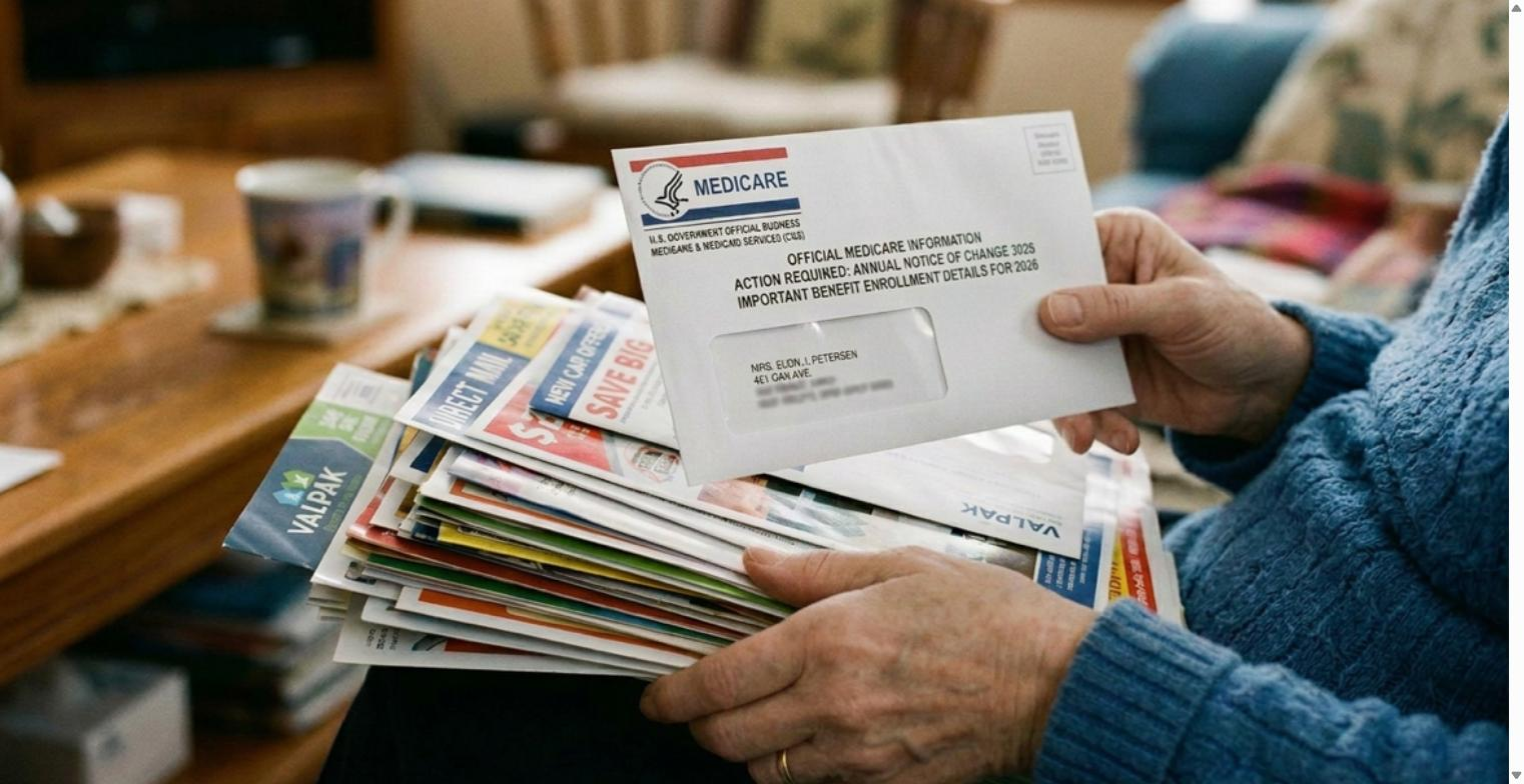 Older person holding a stack of mail including a Medicare Annual Notice of Change envelope