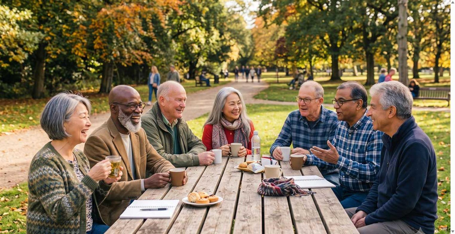 Group of smiling older adults chatting around a picnic table in a park in autumn