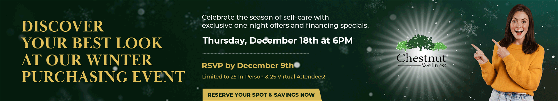 Ad banner: Woman points at logo.