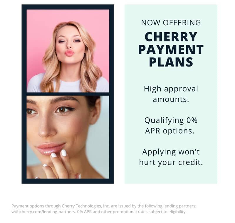 A poster that says `` now offering cherry payment plans '' with a picture of a woman.