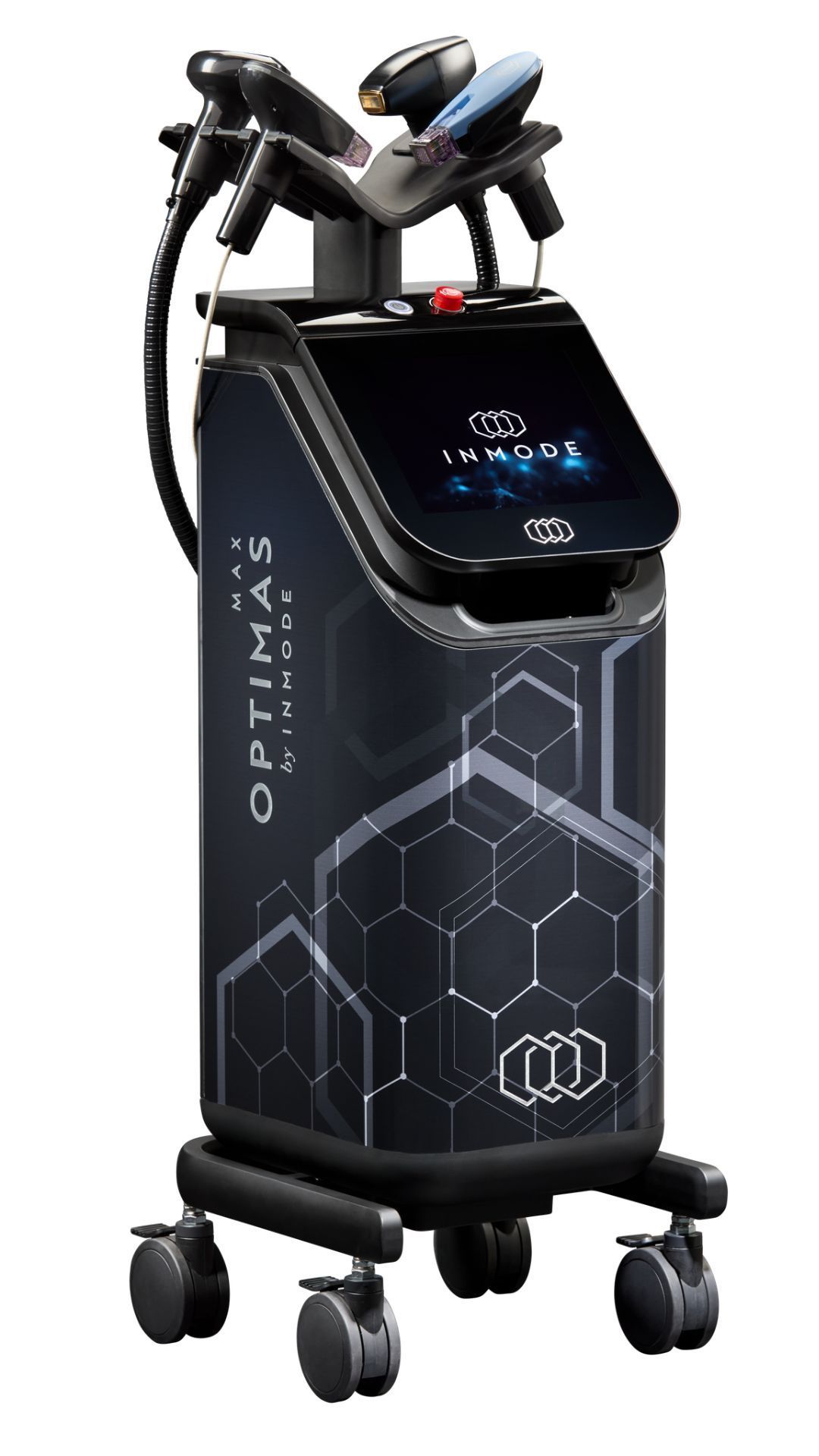 A black Optimus Max medical device with wheels.