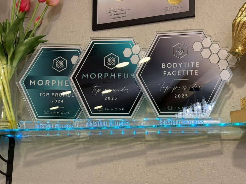 Three acrylic award plaques on a shelf, with hexagon designs and a vase of flowers beside them.