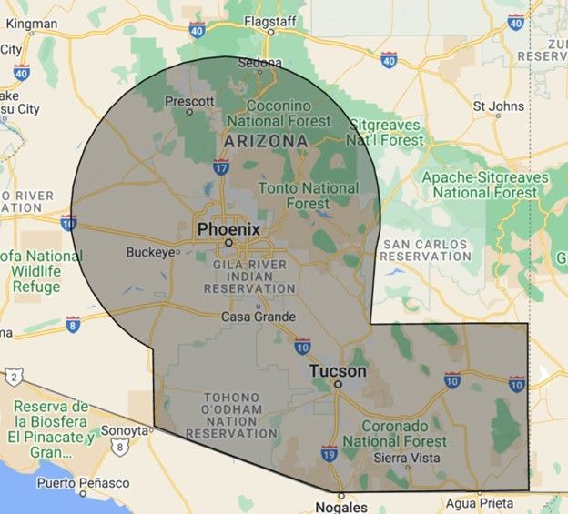 Map of Arizona, highlighting a large area encompassing Phoenix and Tucson, including national forests and reservations.