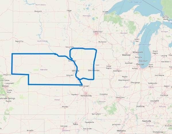 A map highlighting the states of Nebraska, Kansas, and Missouri in blue.