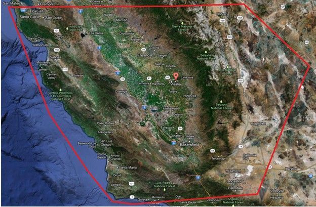 A map of california with a red circle around it