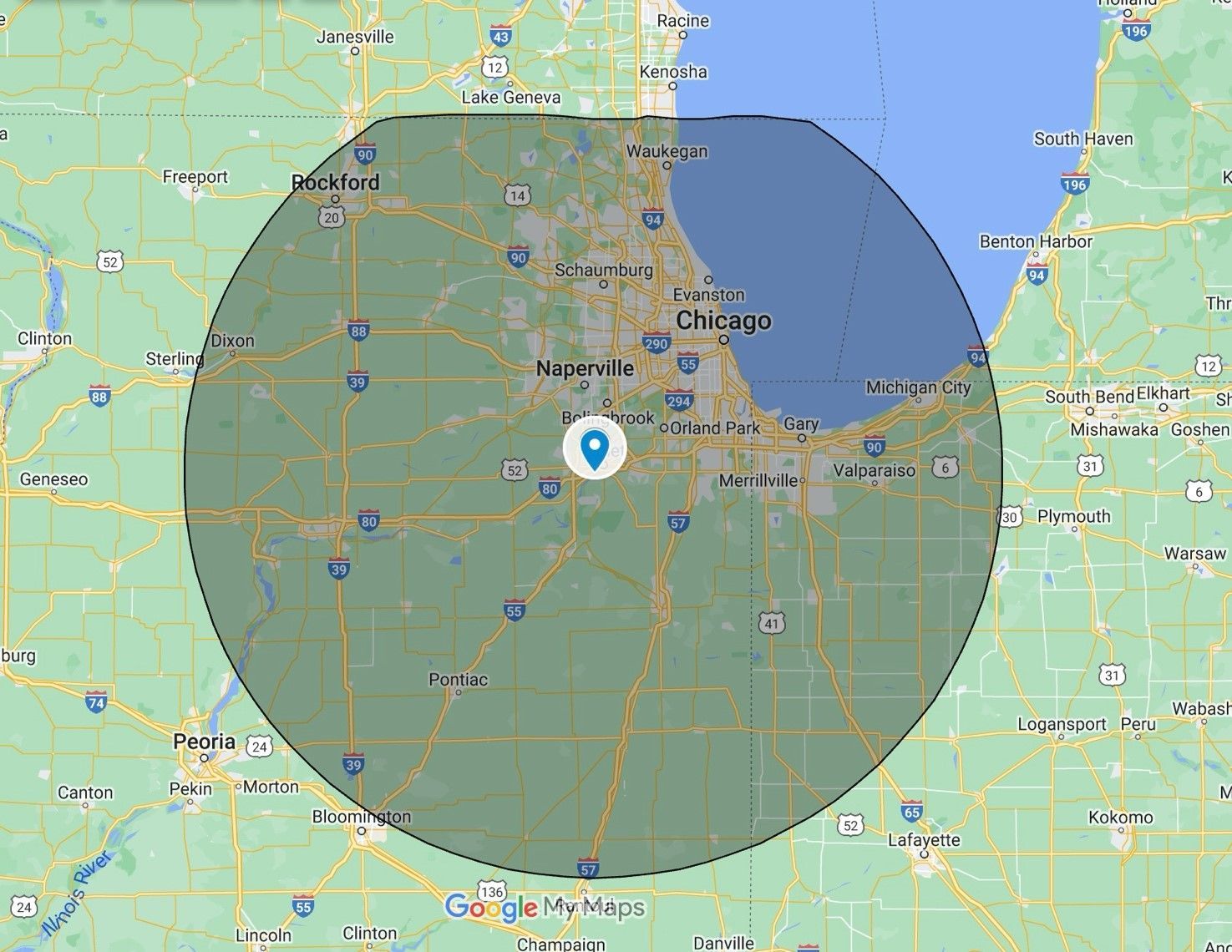 A map of chicago is shown with a circle around it.