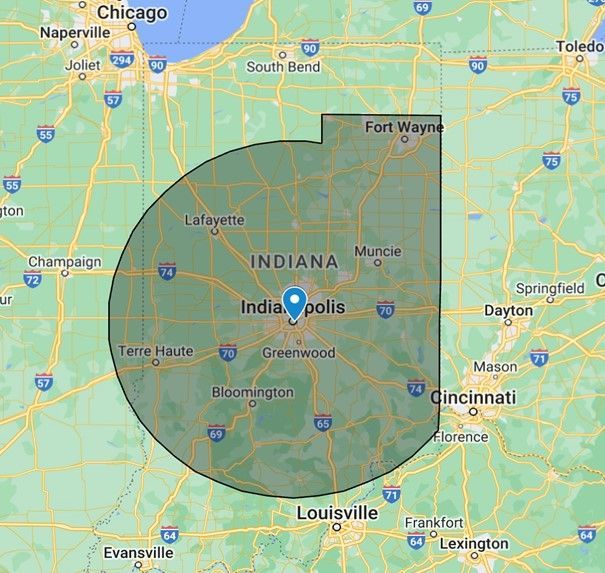 A map of indiana with a circle around it.