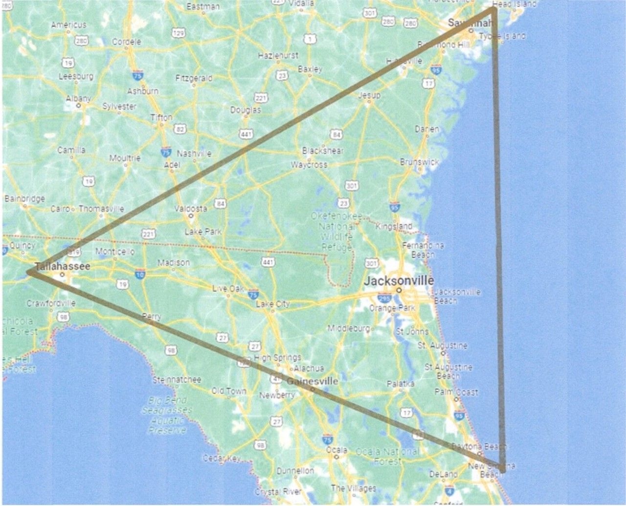 Map of the southeastern United States with a brown triangle overlaid, encompassing parts of Florida, Georgia, and North Carolina.