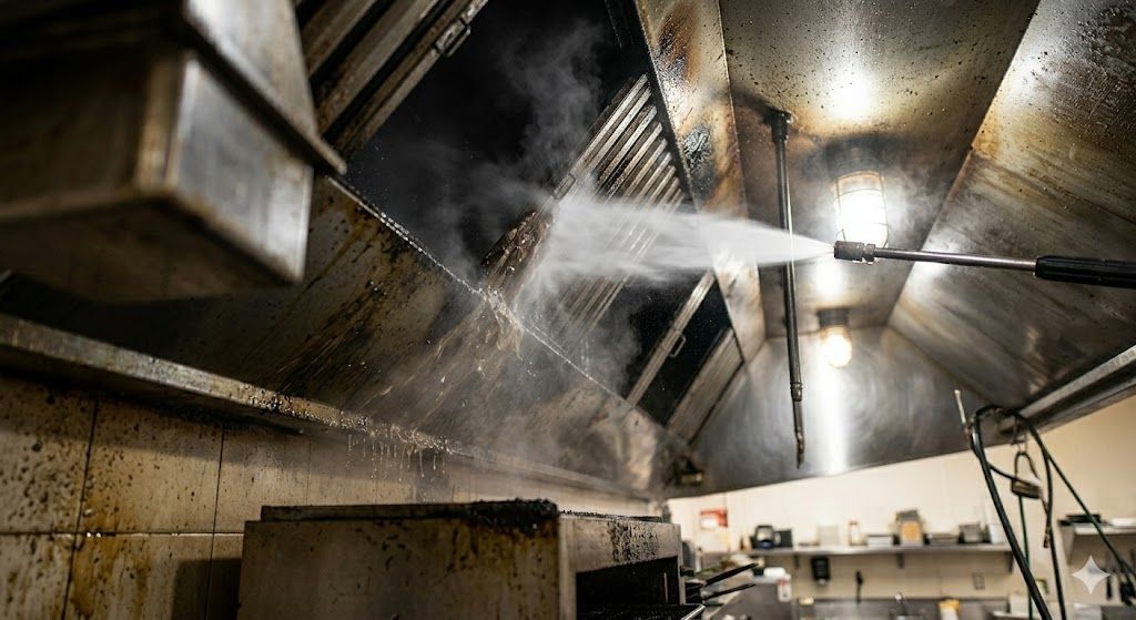 A man is fixing a stove hood in a kitchen.