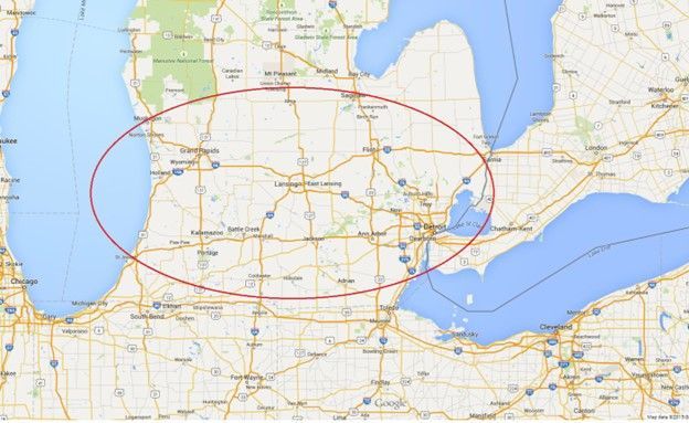 A map of michigan with a red circle in the middle