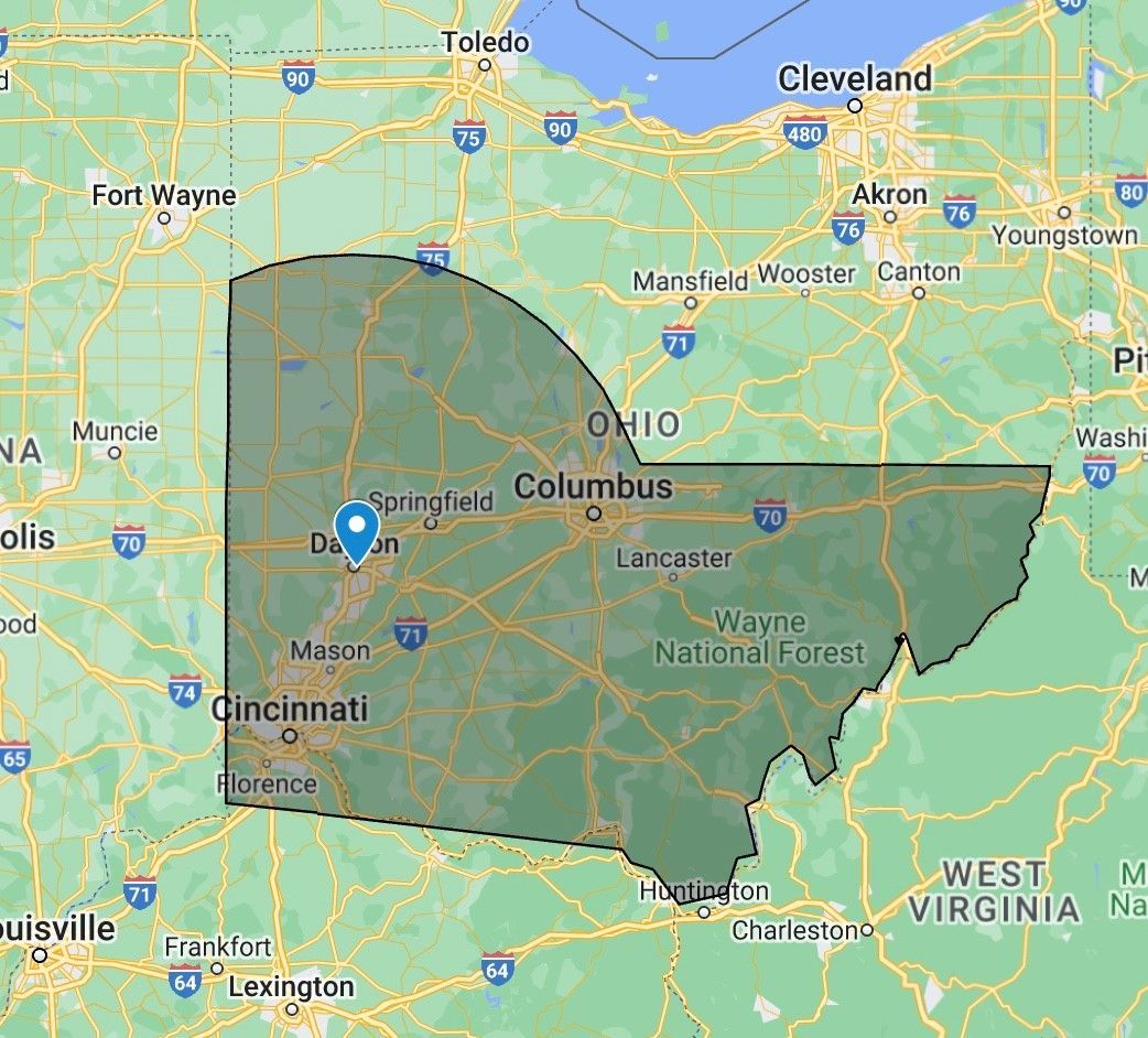 A map of the state of ohio with a blue circle in the middle.