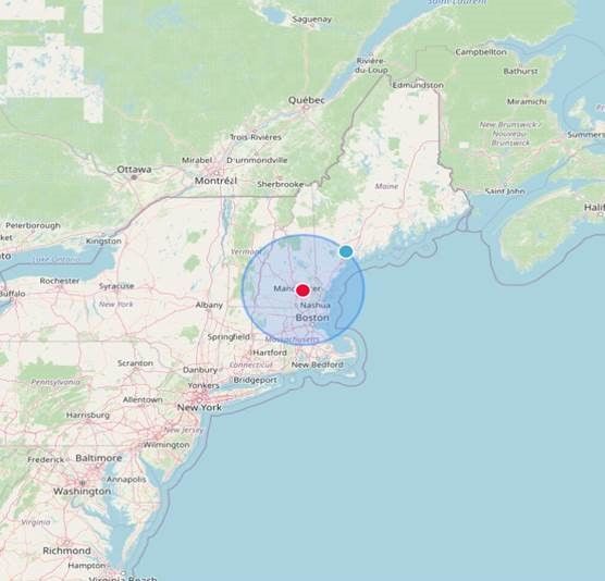 Map of the Northeastern US with a red marker in Montreal, Canada, and a blue marker near the coast of Maine. A blue circle indicates an area around Montreal.
