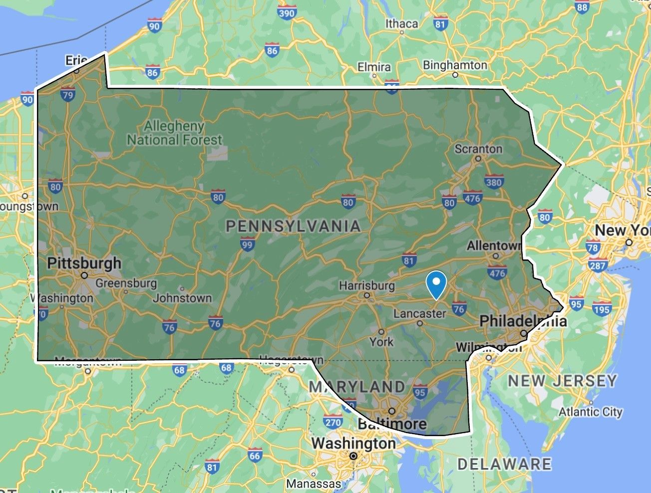 Map of Pennsylvania, labeled with cities like Philadelphia and Pittsburgh, highlighting the state's location.