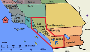 Map of Southern California counties, highlighted in red, including Los Angeles, San Diego, and San Bernardino.