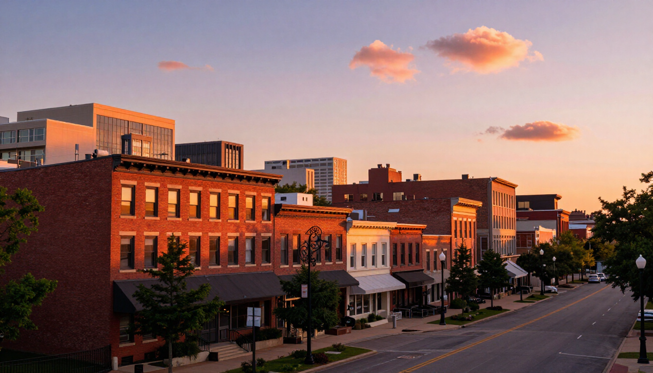A city street with a lot of buildings and a sunset in the background.