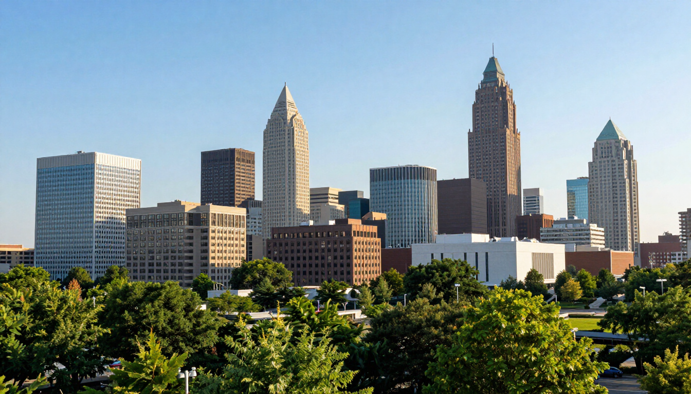 A large white sign that says cleveland in front of a city skyline.