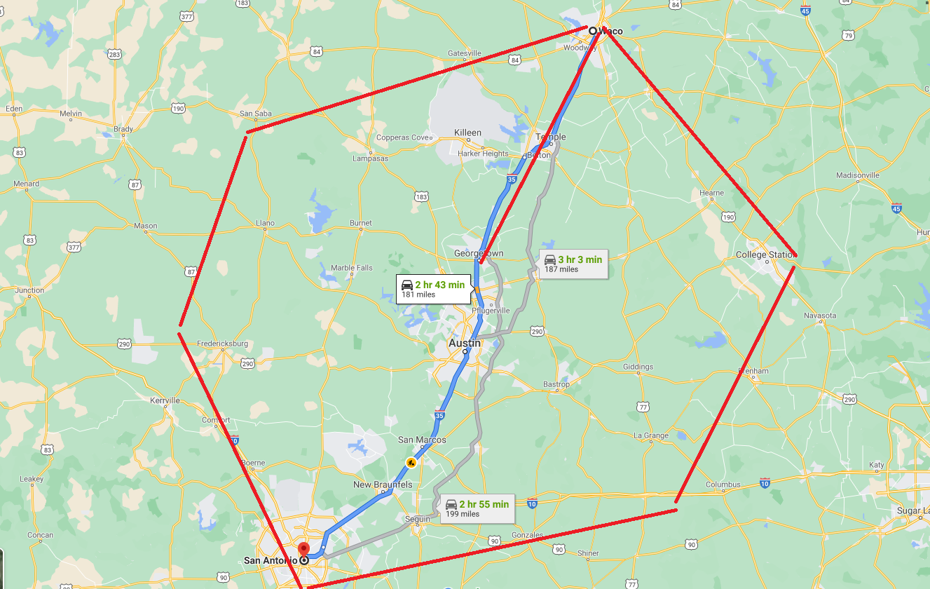 Map with a red polygon overlaying a geographical area, showing travel routes between locations.