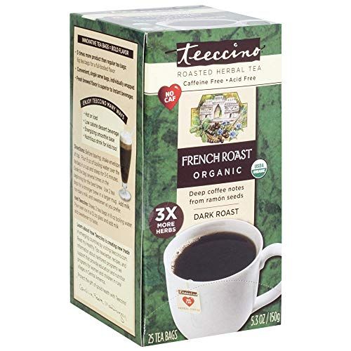 Teeccino French Roast Organic Roasted Herbal Tea box, 25 tea bags, caffeine free and acid free dark roast with deep coffee notes from ramon seeds