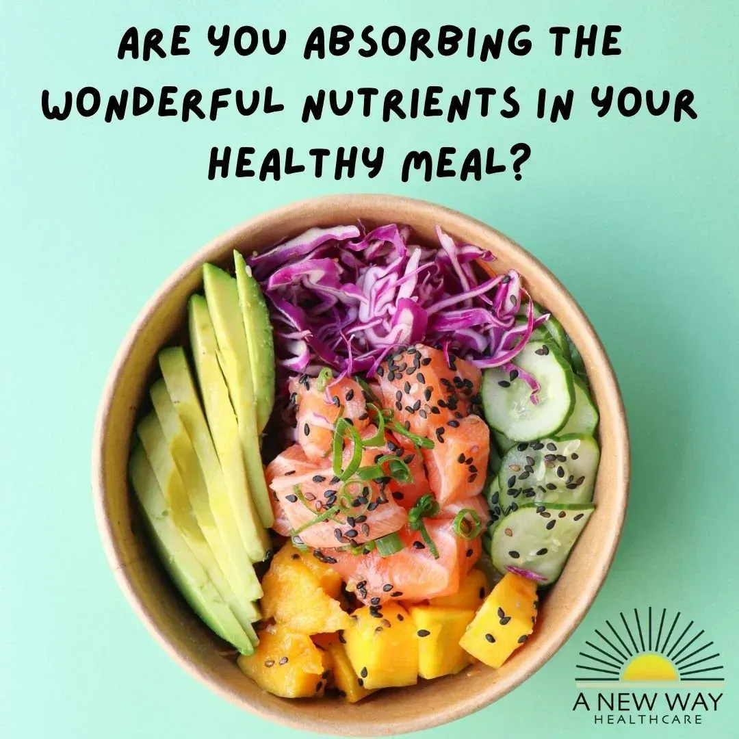 A New Way Healthcare graphic featuring a colorful poke bowl with salmon, avocado, mango, and cucumber on a teal background