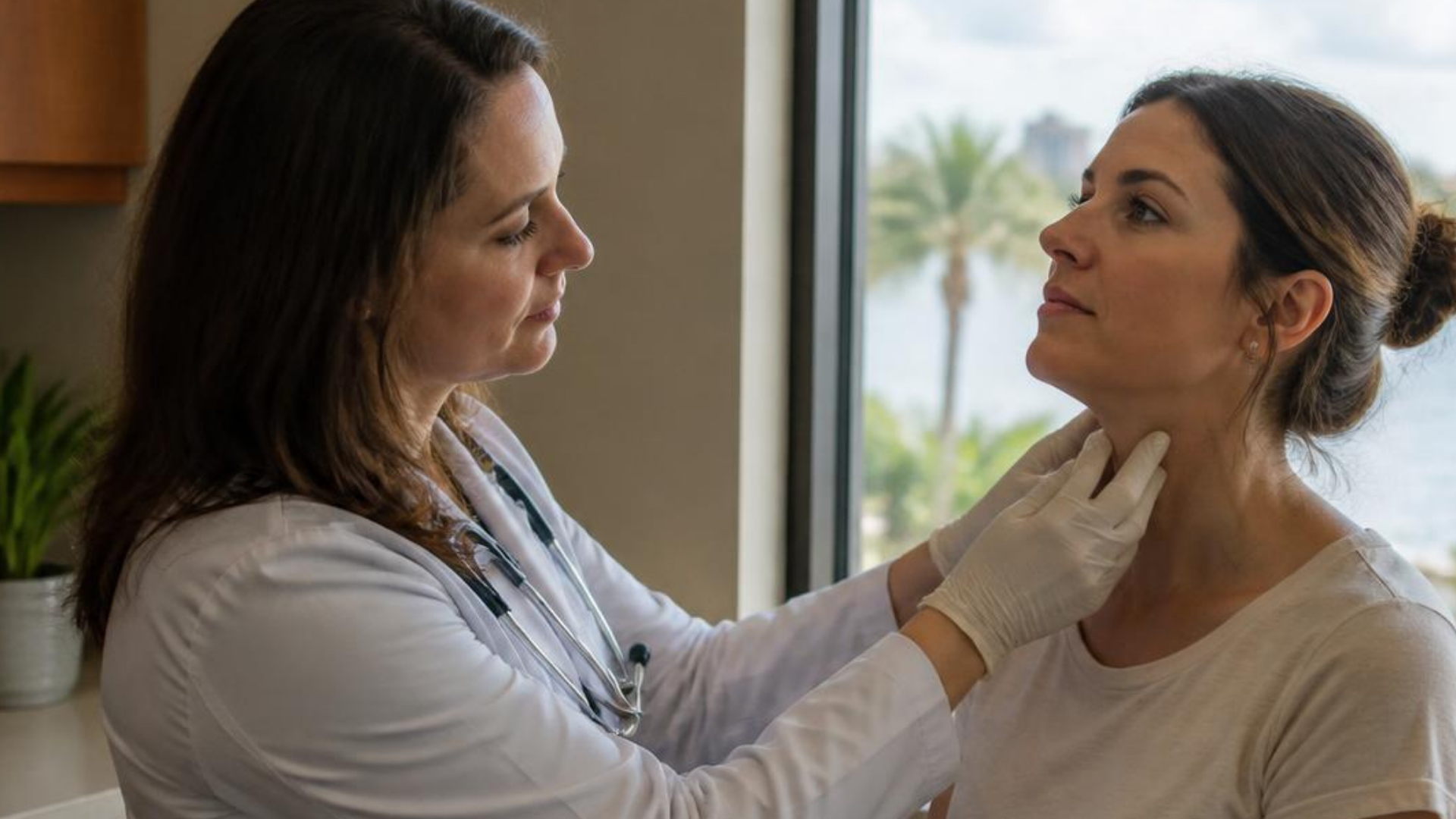 Nurse Practicioner examining a patient’s throat in a clinic near a window