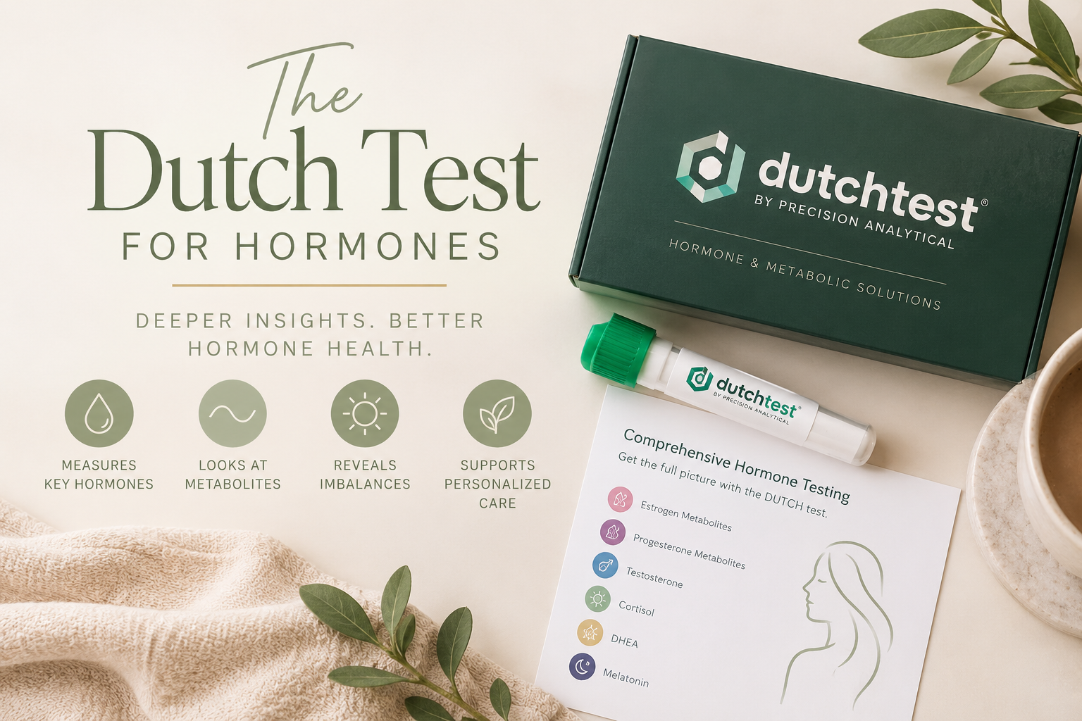 Dutchtest hormone test kit with green box, sample tube, and instruction card on a beige surface