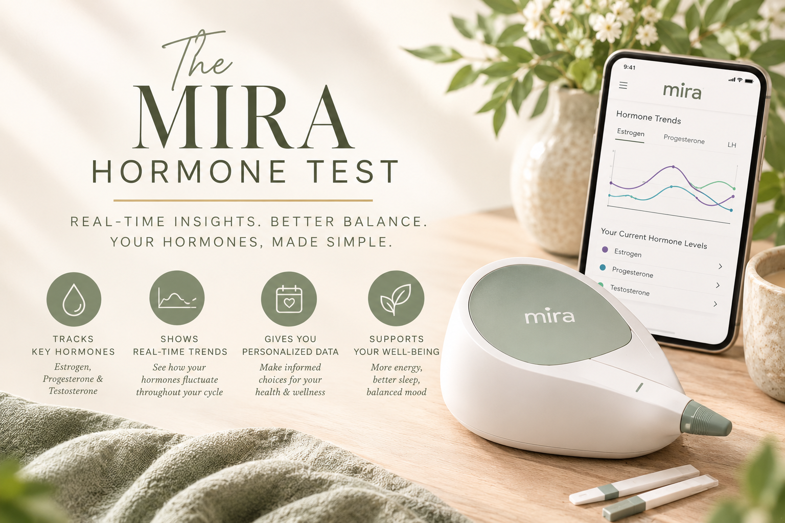 MIRA Hormone Test kit with app dashboard, handheld device, and test strips on a soft beige background