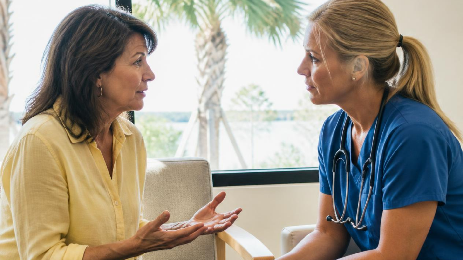 Two people talking face-to-face in a bright room, one in yellow and one in blue, with palm trees outside the window
