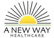 A New Way Healthcare logo featuring a yellow rising sun with black rays above a horizontal line, symbolizing hope and new beginnings.